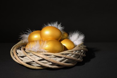 Photo of Shiny golden eggs with feathers in nest on black background