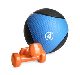 Medicine ball and dumbbells on white background