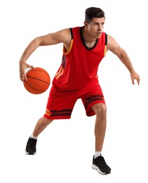 Professional sportsman playing basketball on grey background