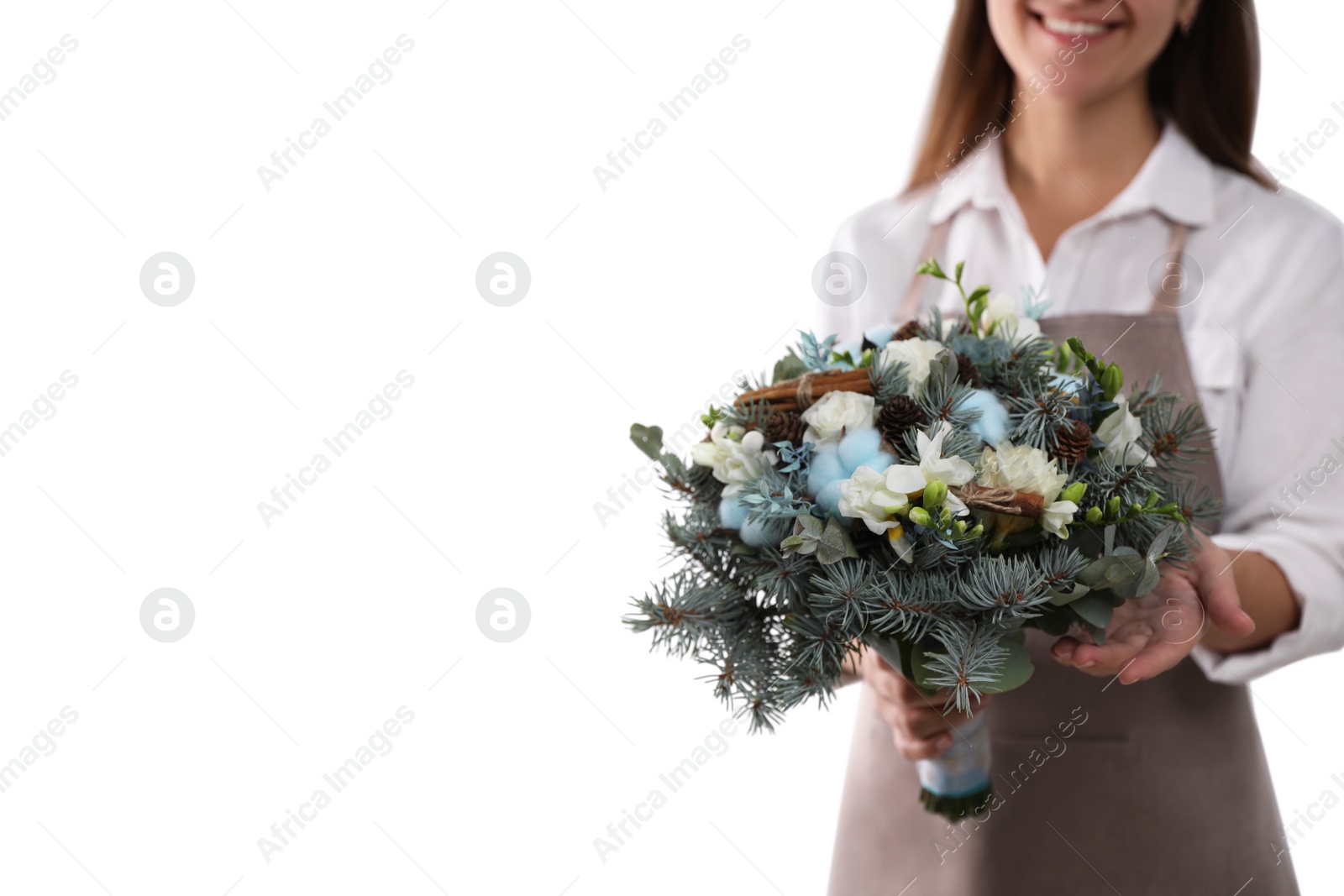 Photo of Florist holding beautiful winter wedding bouquet on white background, closeup