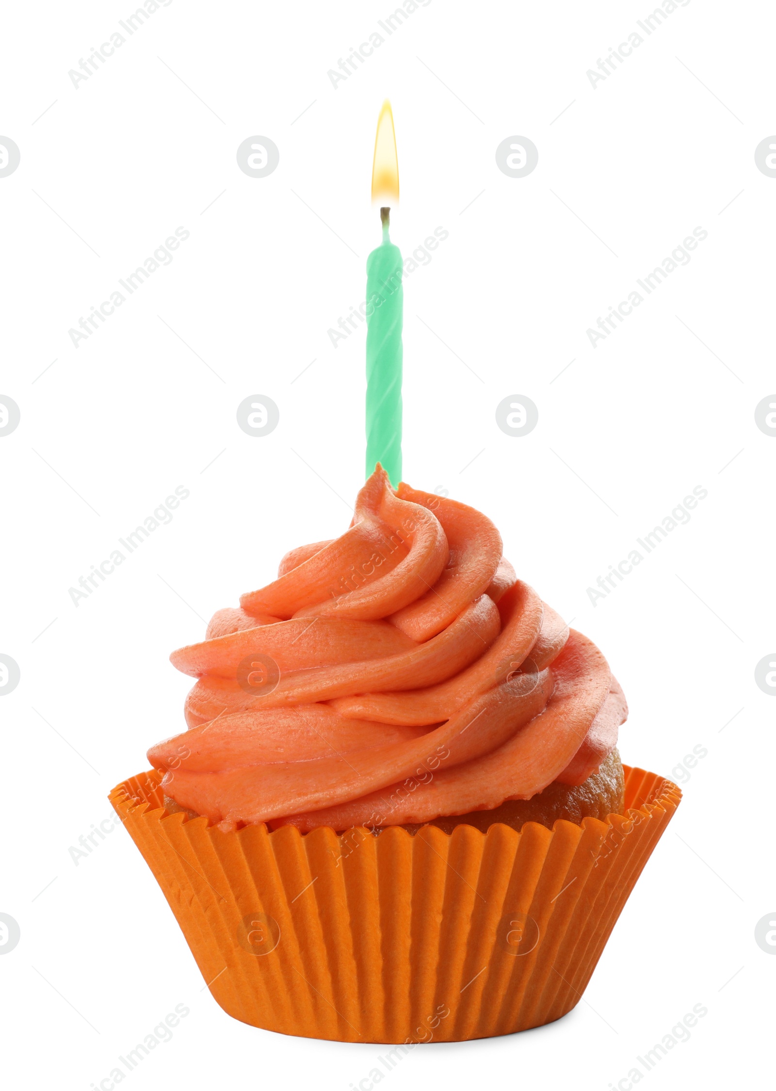 Photo of Delicious birthday cupcake with candle and orange cream isolated on white