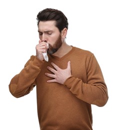 Photo of Sick man with tissue coughing on white background