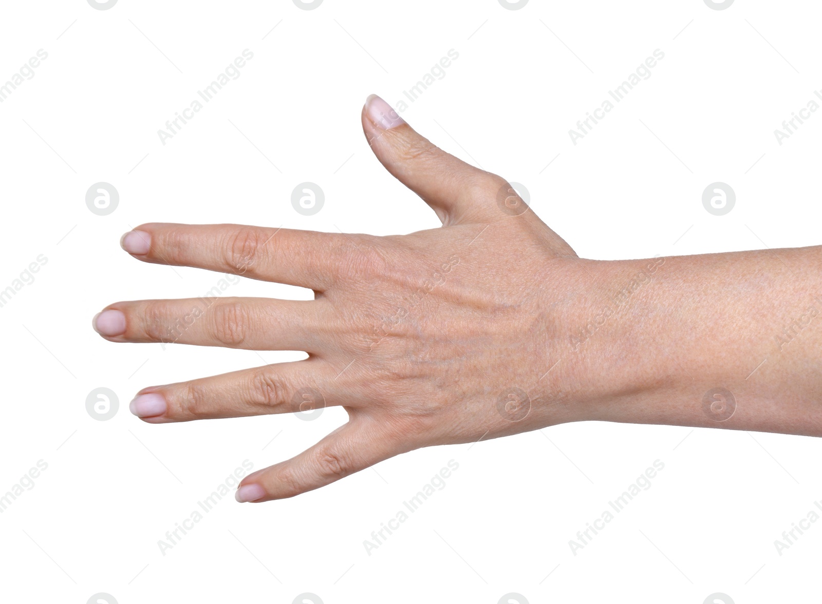 Photo of Closeup of woman's hand with aging skin on white background. Rejuvenation treatment