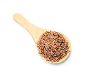 Spoon of aromatic caraway (Persian cumin) seeds isolated on white, top view