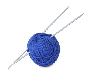 Photo of Soft blue woolen yarn and knitting needles on white background