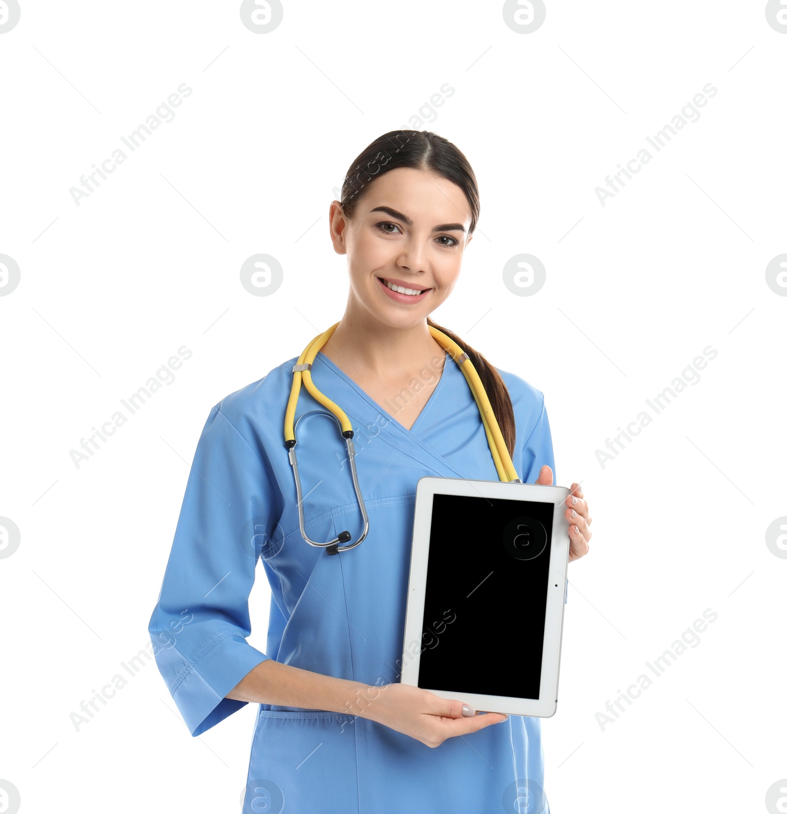 Photo of Portrait of medical assistant with stethoscope and tablet on white background. Space for text