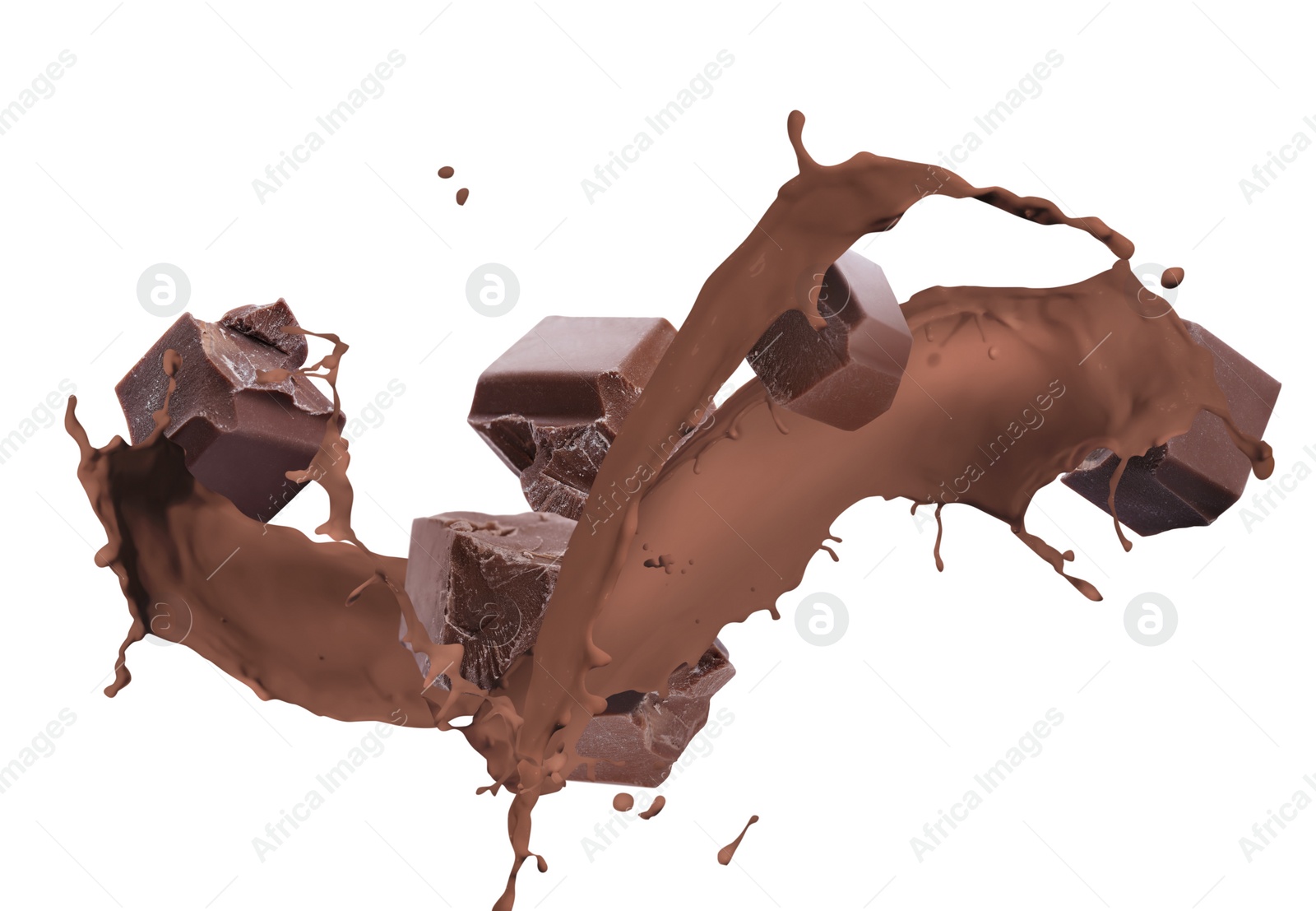 Image of Choco bars and splashes of delicious chocolate milk on white background