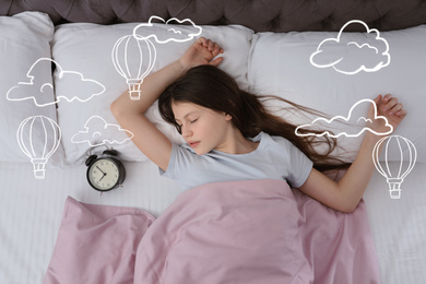 Sweet dreams. Cute girl sleeping, above view. Hot air balloons and clouds illustrations on foreground