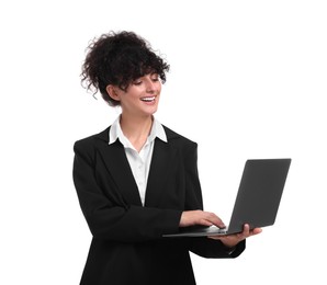 Photo of Beautiful emotional businesswoman using laptop on white background
