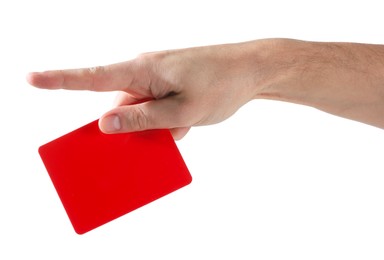 Referee holding red card and pointing on white background, closeup