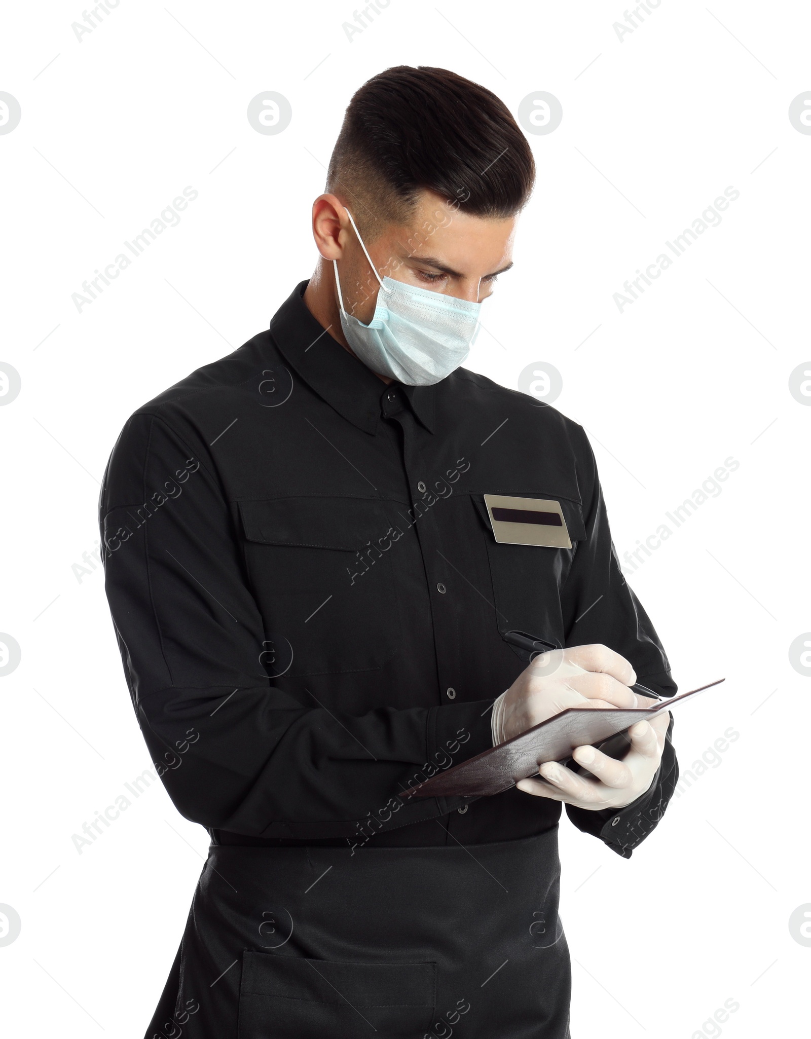 Photo of Waiter in medical face mask taking order on white background