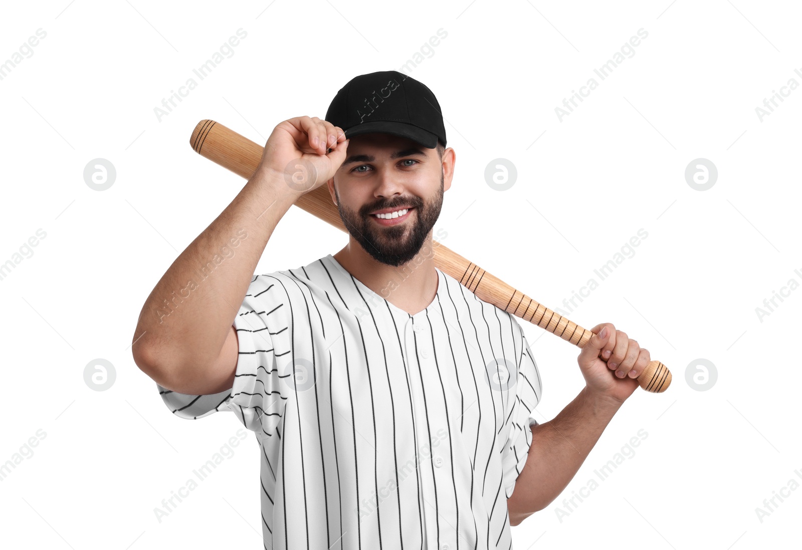 Photo of Man in stylish black baseball cap holding bat on white background