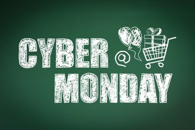 Illustration of  Text Cyber Monday Sale and picture of small shopping cart on green chalkboard