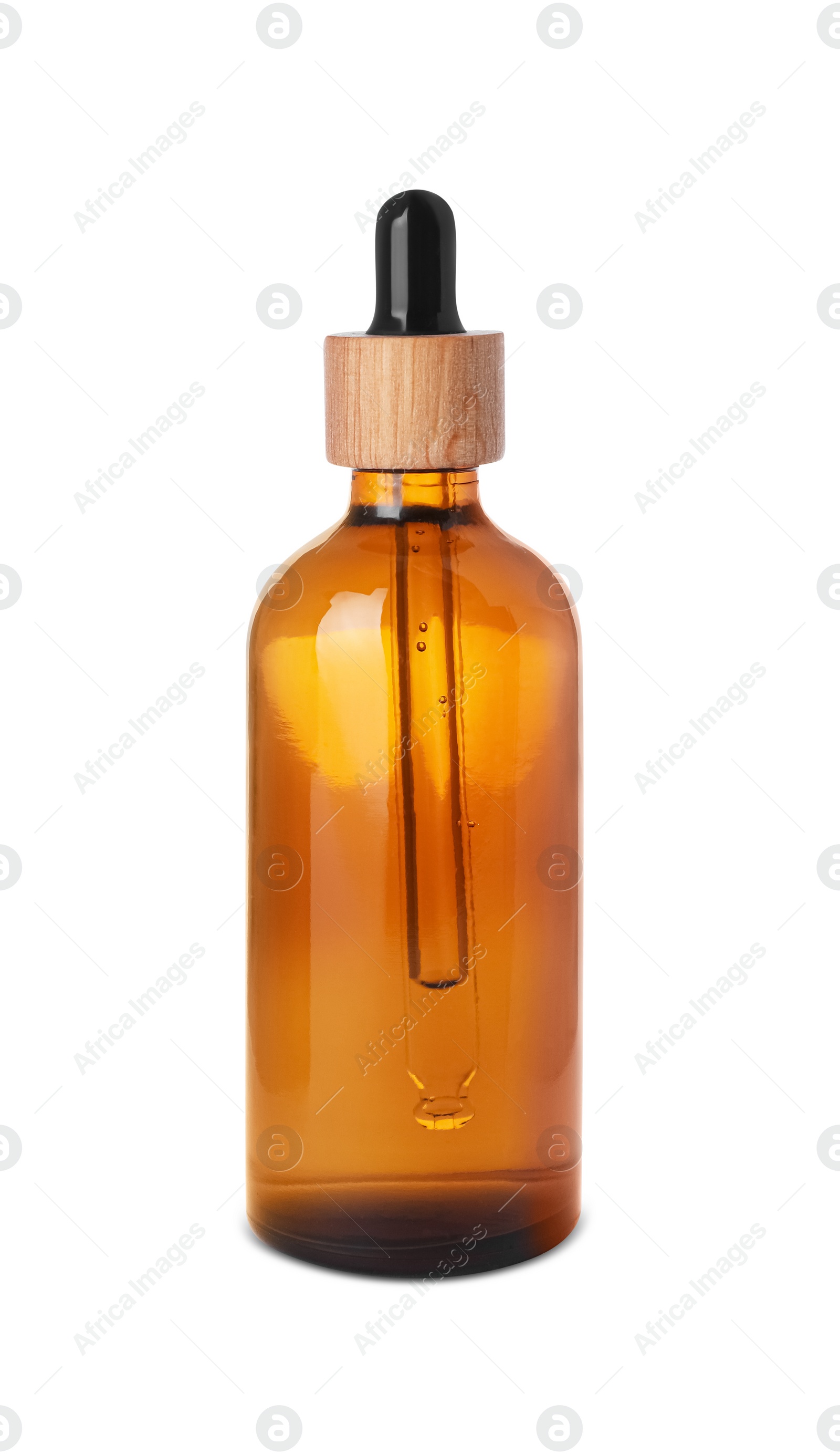 Photo of Bottle of essential oil isolated on white