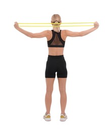 Photo of Woman exercising with elastic resistance band on white background, back view