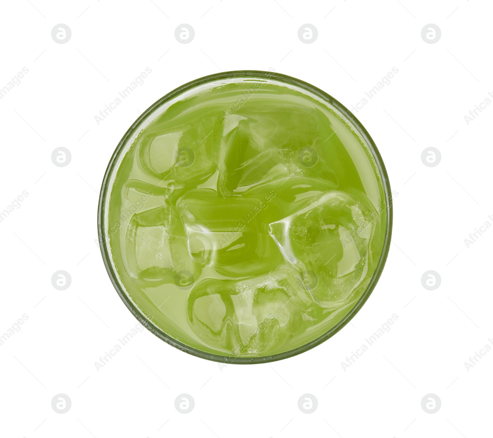 Photo of Glass of delicious iced green matcha tea isolated on white, top view