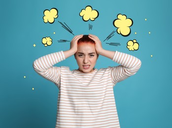 Young woman having headache on light blue background. Illustration of explosion representing severe pain