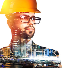 Image of Double exposure of male industrial engineer in uniform and night cityscape