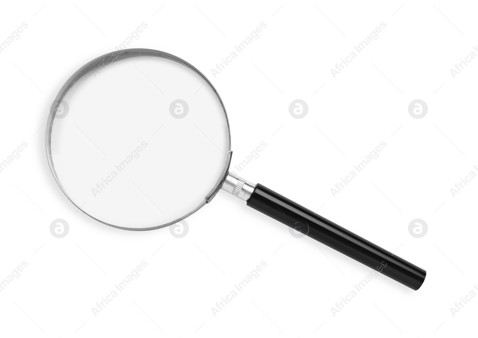 Photo of Magnifying glass with handle isolated on white, top view