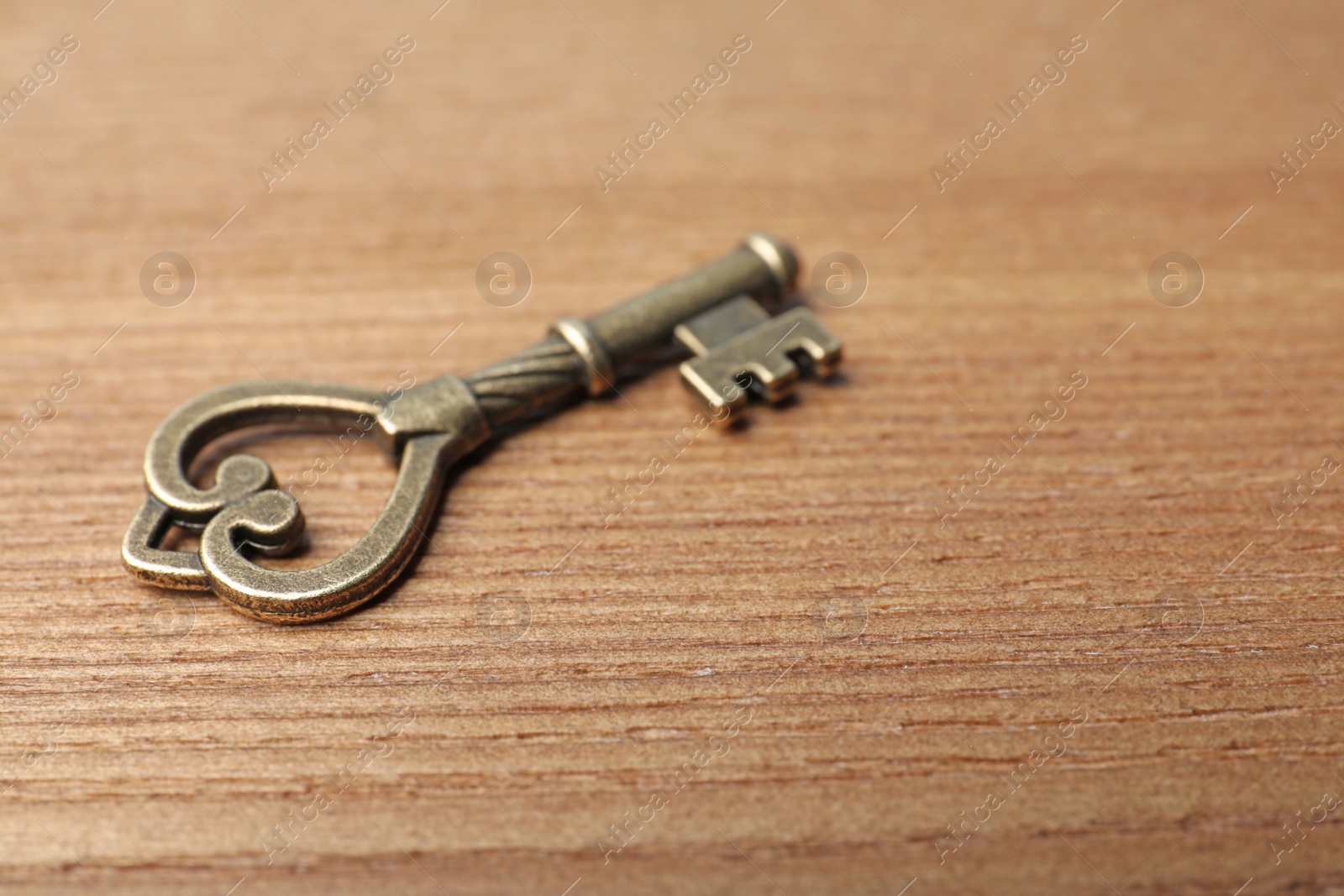 Photo of Old vintage key on wooden background, space for text