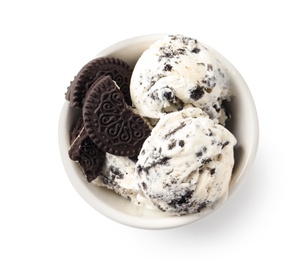 Photo of Bowl of chocolate cookies ice cream on white background, top view