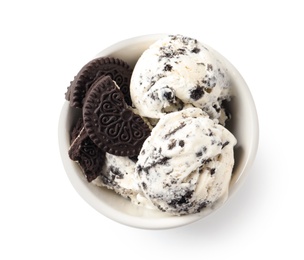 Bowl of chocolate cookies ice cream on white background, top view