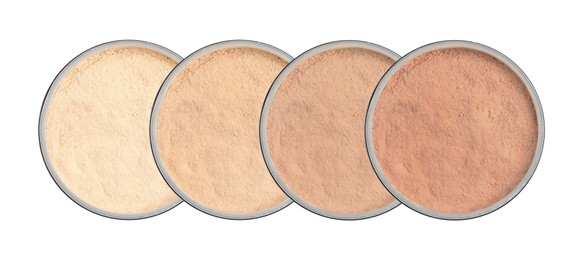Loose face powders of different shades isolated on white, collection. Top view