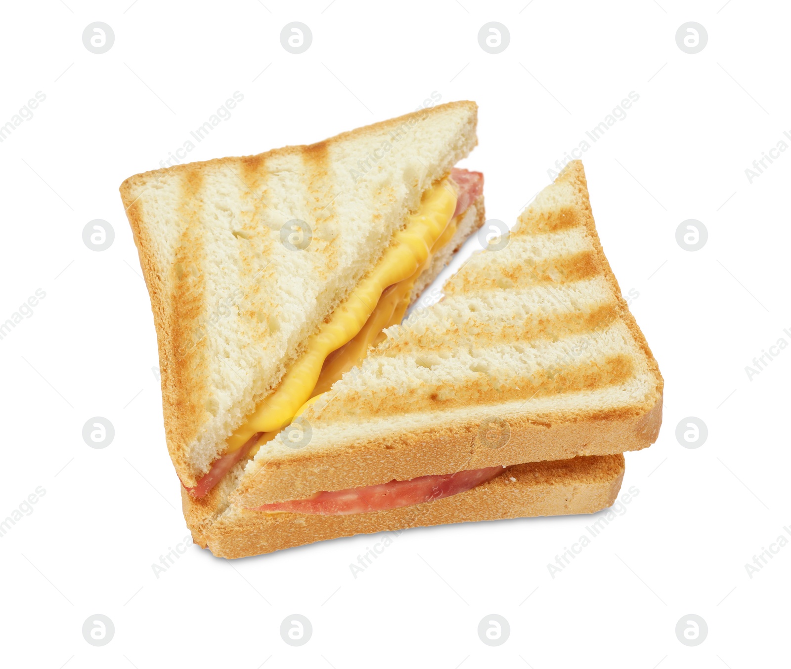 Photo of Tasty sandwiches with ham and melted cheese isolated on white