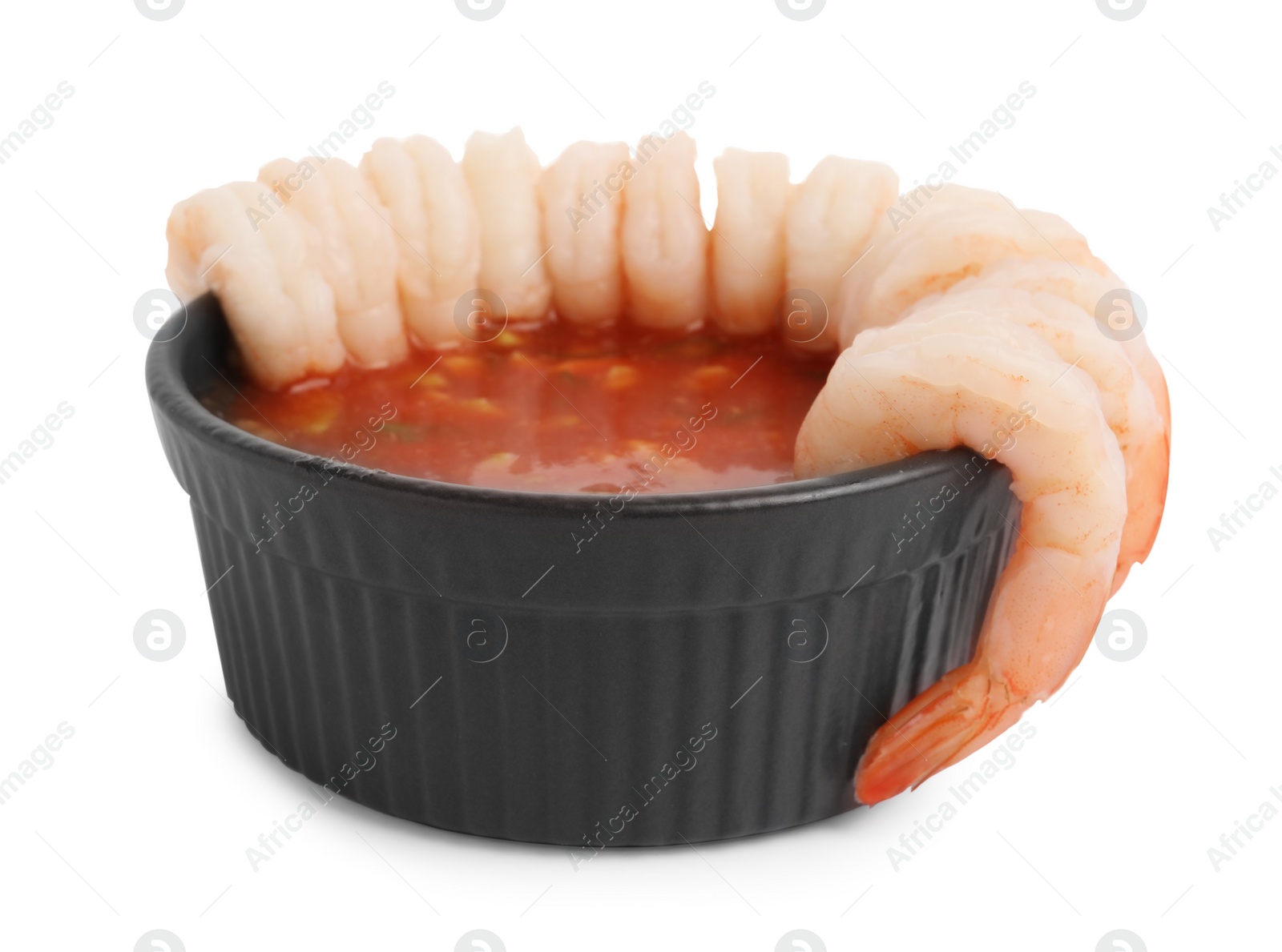 Photo of Tasty shrimp cocktail with sauce isolated on white