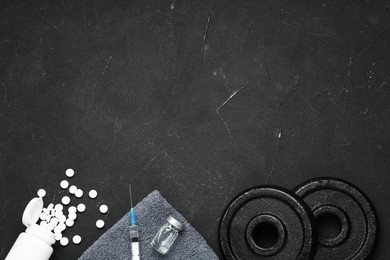 Photo of Different drugs and sports equipment on black background, flat lay with space for text. Doping control