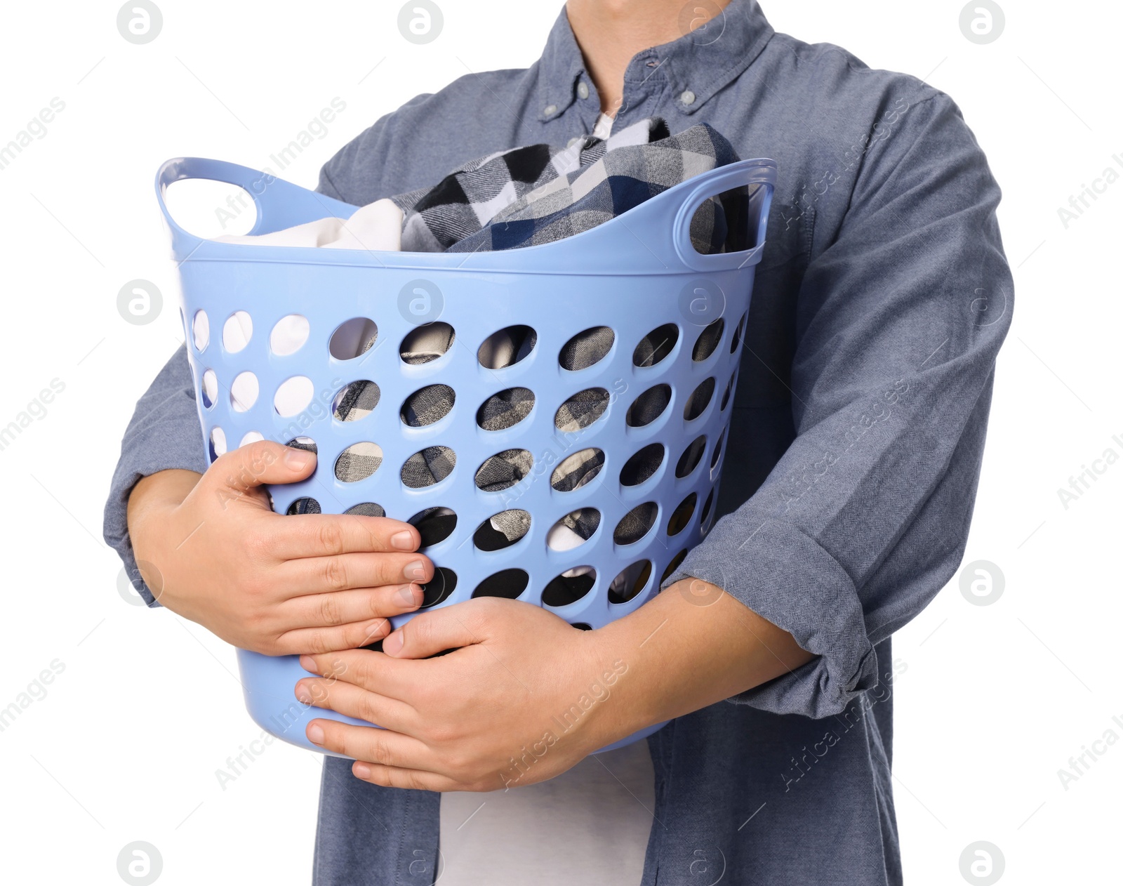 Photo of Man with basket full of laundry on white background, closeup