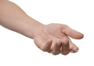 Woman holding something in hand on white background, closeup