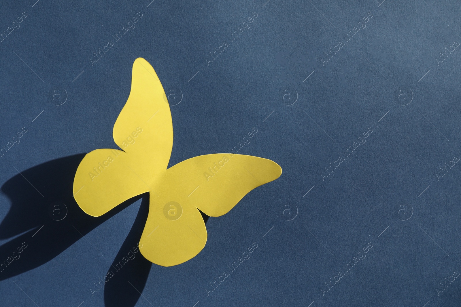 Photo of Yellow paper butterfly on dark blue background, top view. Space for text