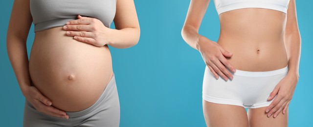 Woman before and after childbirth on blue background, closeup view of belly. Collage