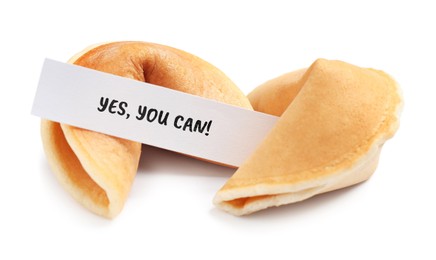 Image of Tasty fortune cookies and prediction Yes, you can! on white background