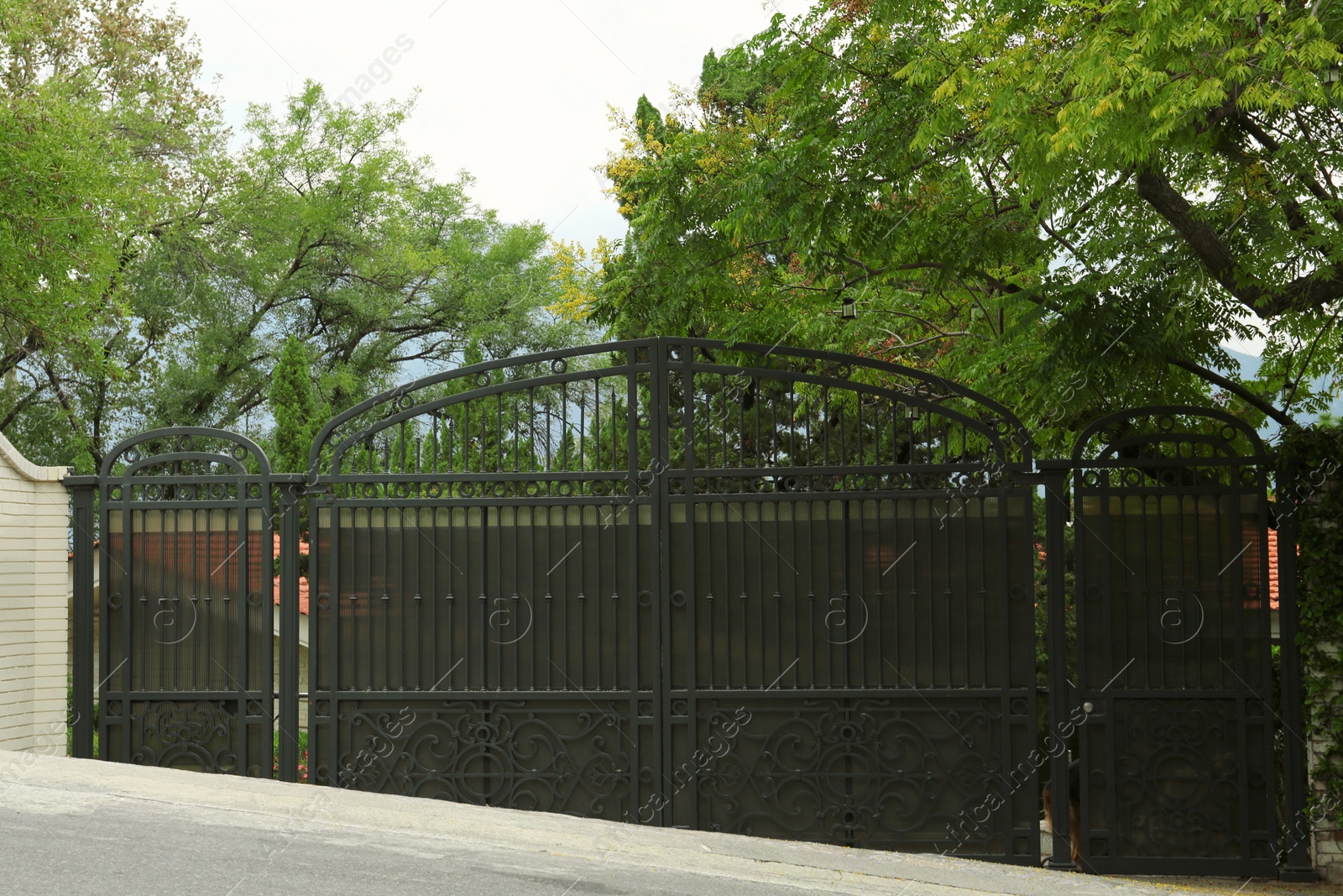 Photo of Closed metal gates near beautiful green trees on city street