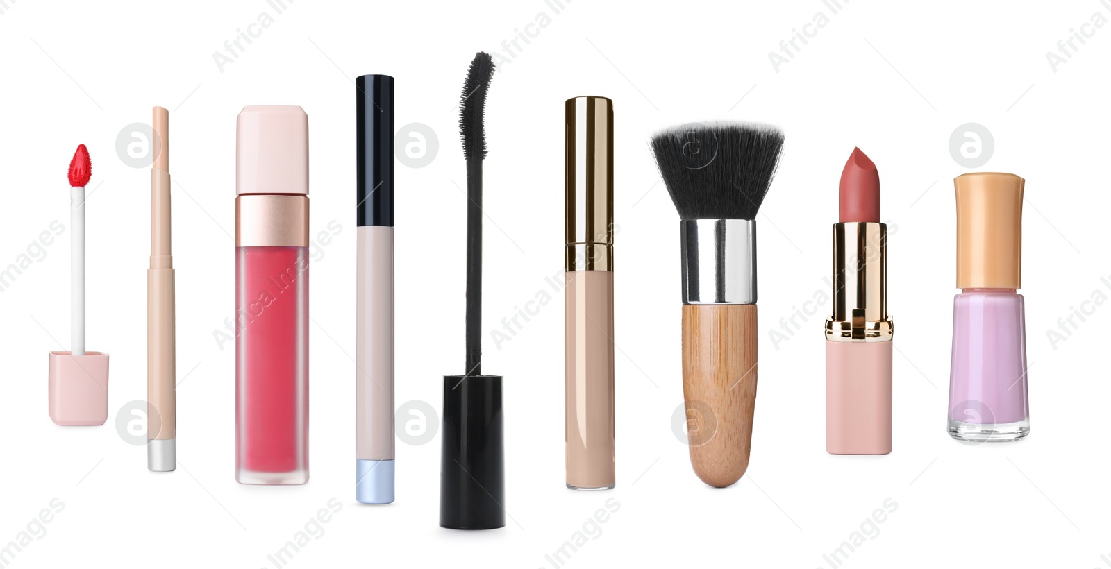 Image of Set with different decorative cosmetics on white background. Banner design