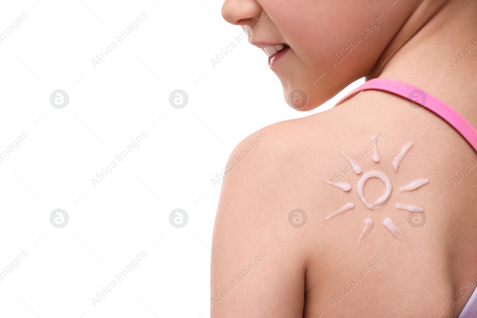 Photo of Girl with sun protection cream on her back against white background, closeup