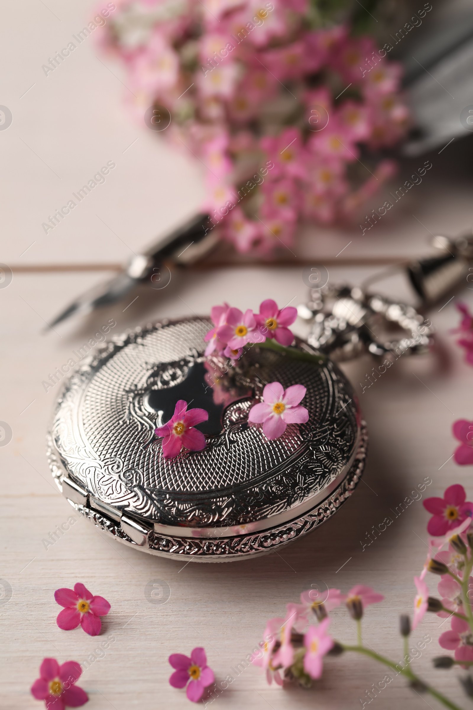 Photo of Beautiful Forget-me-not flowers, pocket watch and feather pen on white wooden table