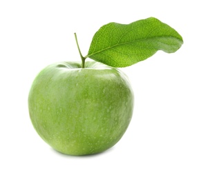 Fresh green apple with leaf on white background