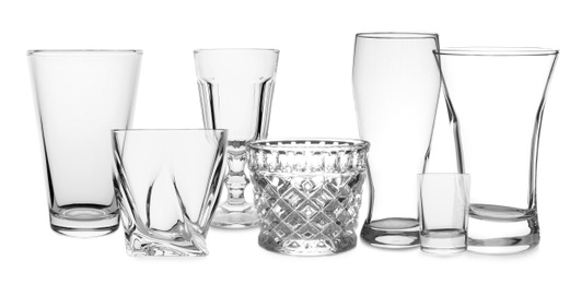 Set of empty glasses on white background. Banner design