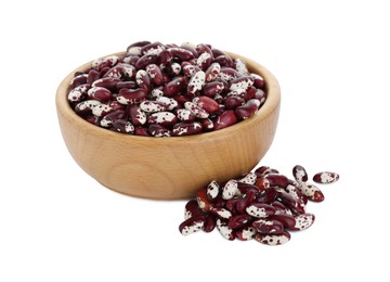 Photo of Bowl and dry kidney beans on white background