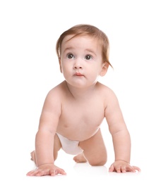 Photo of Cute little baby crawling on white background