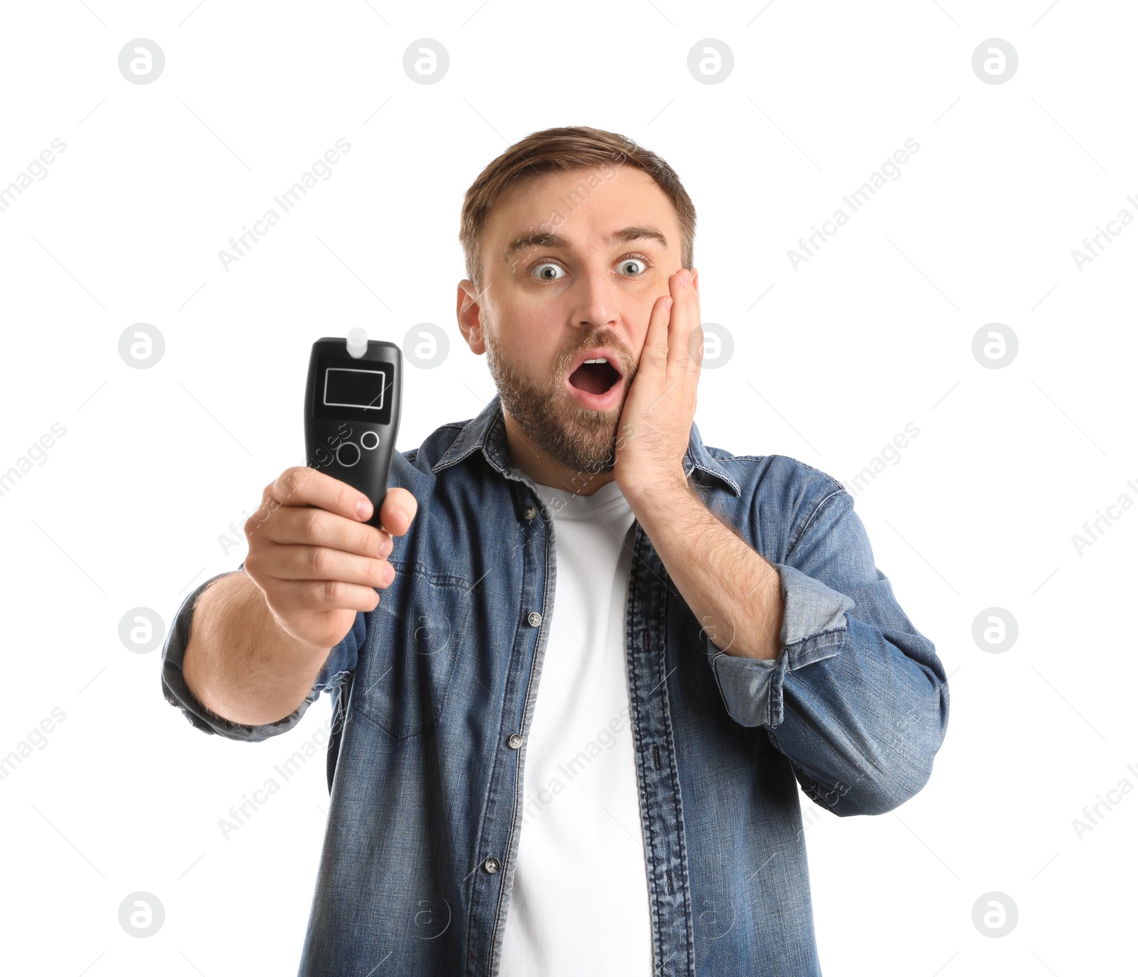 Photo of Emotional man with breathalyzer on white background