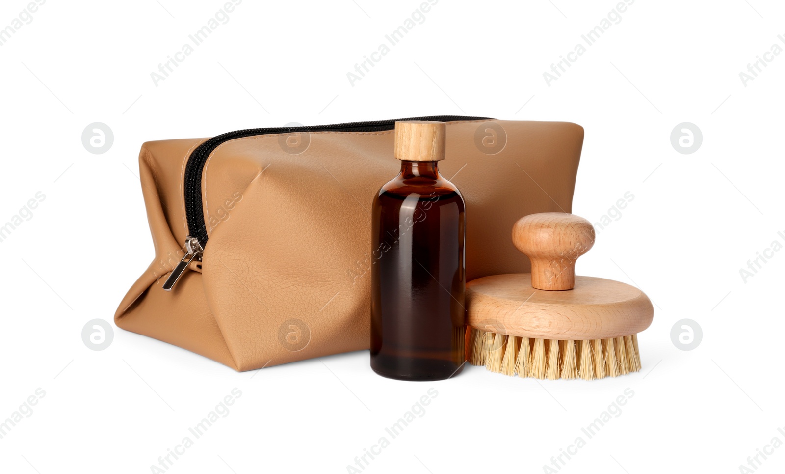 Photo of Preparation for spa. Compact toiletry bag and different cosmetic products isolated on white