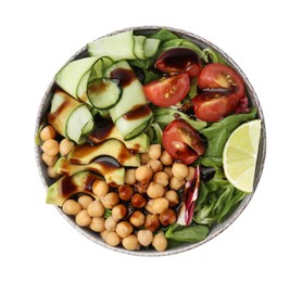 Photo of Delicious salad with chickpeas, vegetables and balsamic vinegar in bowl isolated on white, top view