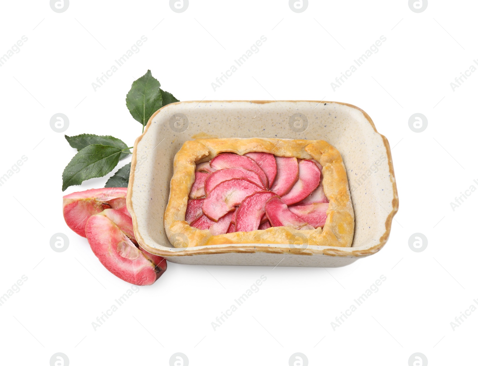 Photo of Delicious galette with apples and leaves isolated on white
