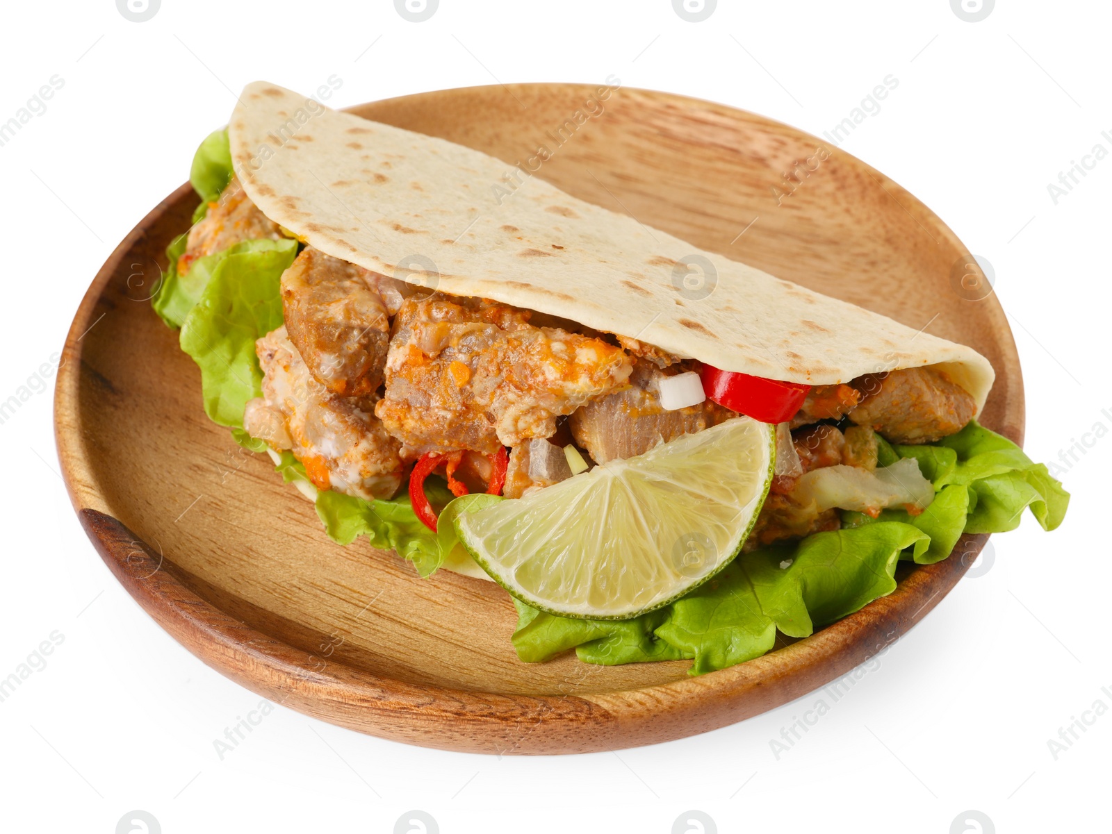 Photo of Delicious taco with meat, vegetables and slice of lime isolated on white