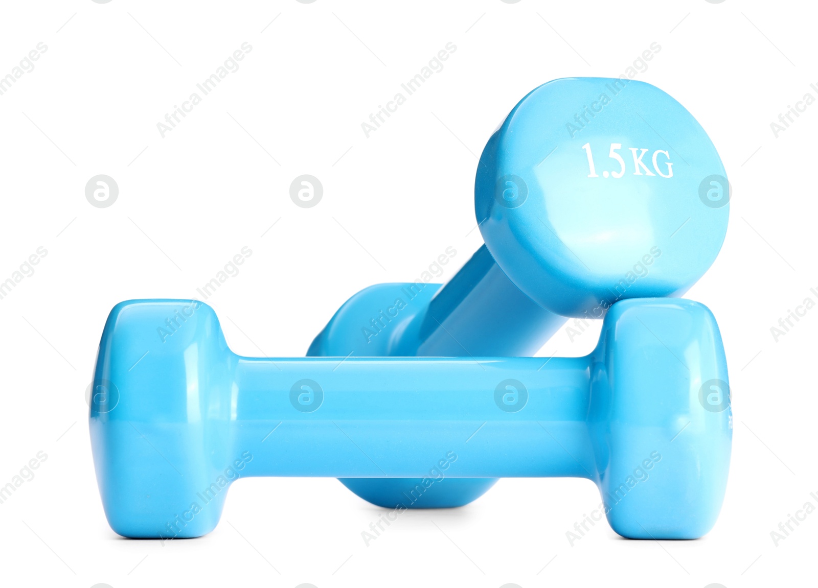 Photo of Light blue dumbbells isolated on white. Sports equipment