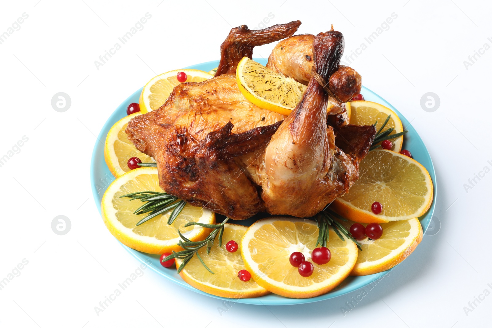 Photo of Chicken with orange slices isolated on white